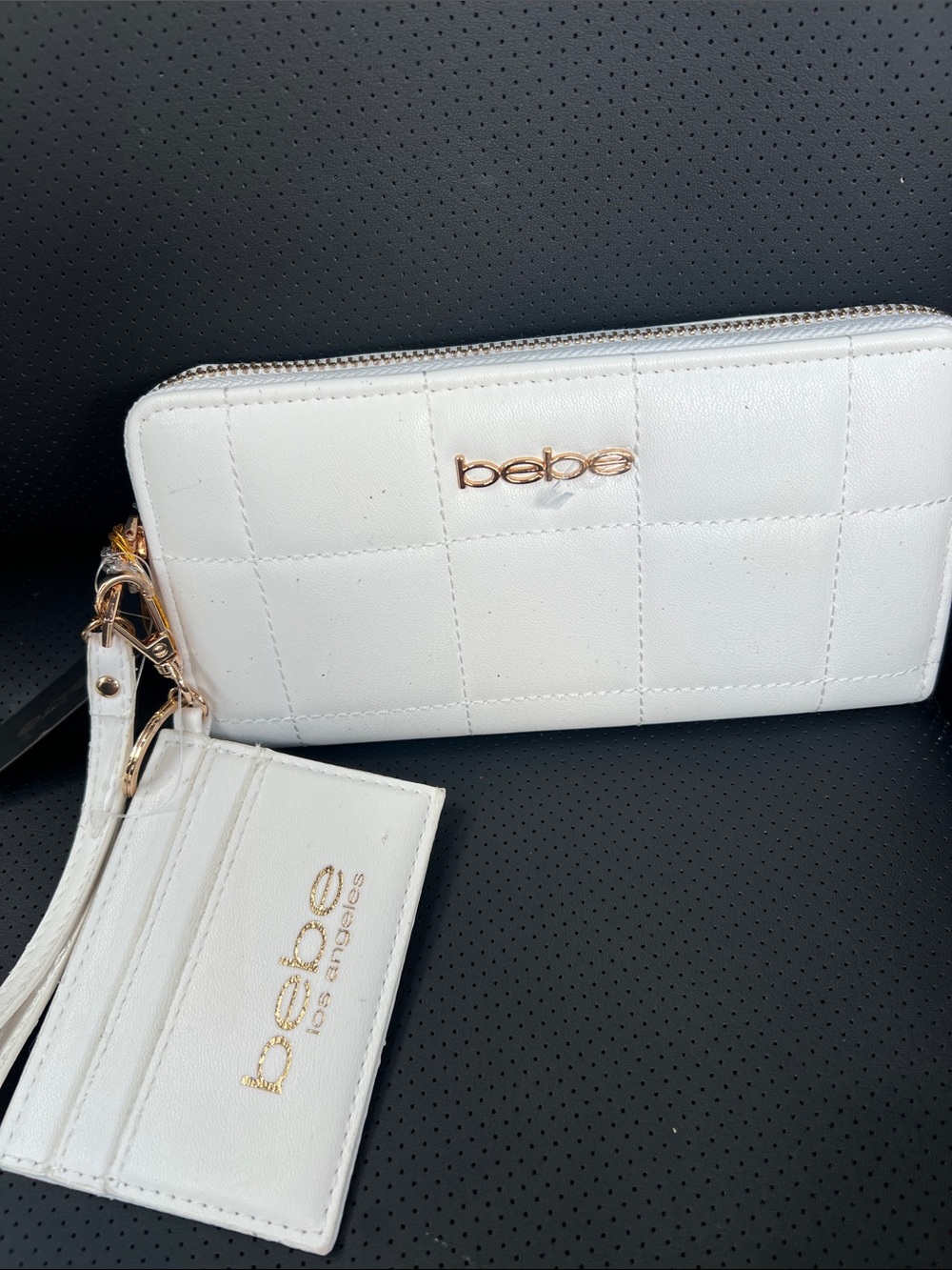bebe White Quilted Wristlet with Gold Logo and Card Holder